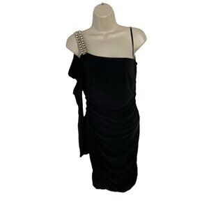Little black dress sz L Cocktail Evening Ruched One Shoulder rhinestone Deb